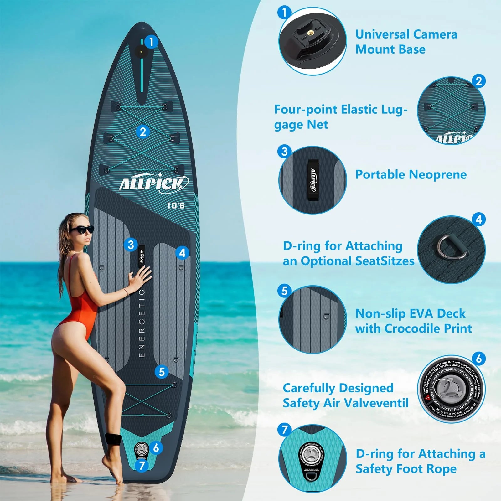 2026 Tabla de Paddle Surf Inflable ALLPICK Premium (Verde Premium) – Set Completo con Soporte Universal para Cámara, Remo Ajustable, para Principiantes y Avanzados, Capacidad 180 kg