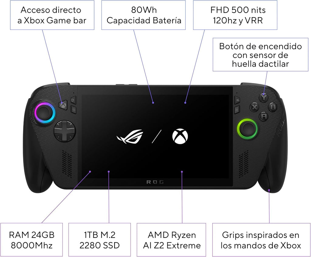 ASUS ROG Ally X - Consola Portátil Gaming 7" Full HD 120Hz (AMD Ryzen AI Z2 Extreme, 24GB RAM, 1TB SSD, Batería 80Wh, Windows 11, Consigue 3 meses gratis de Game Pass Premium) - Color Negro
