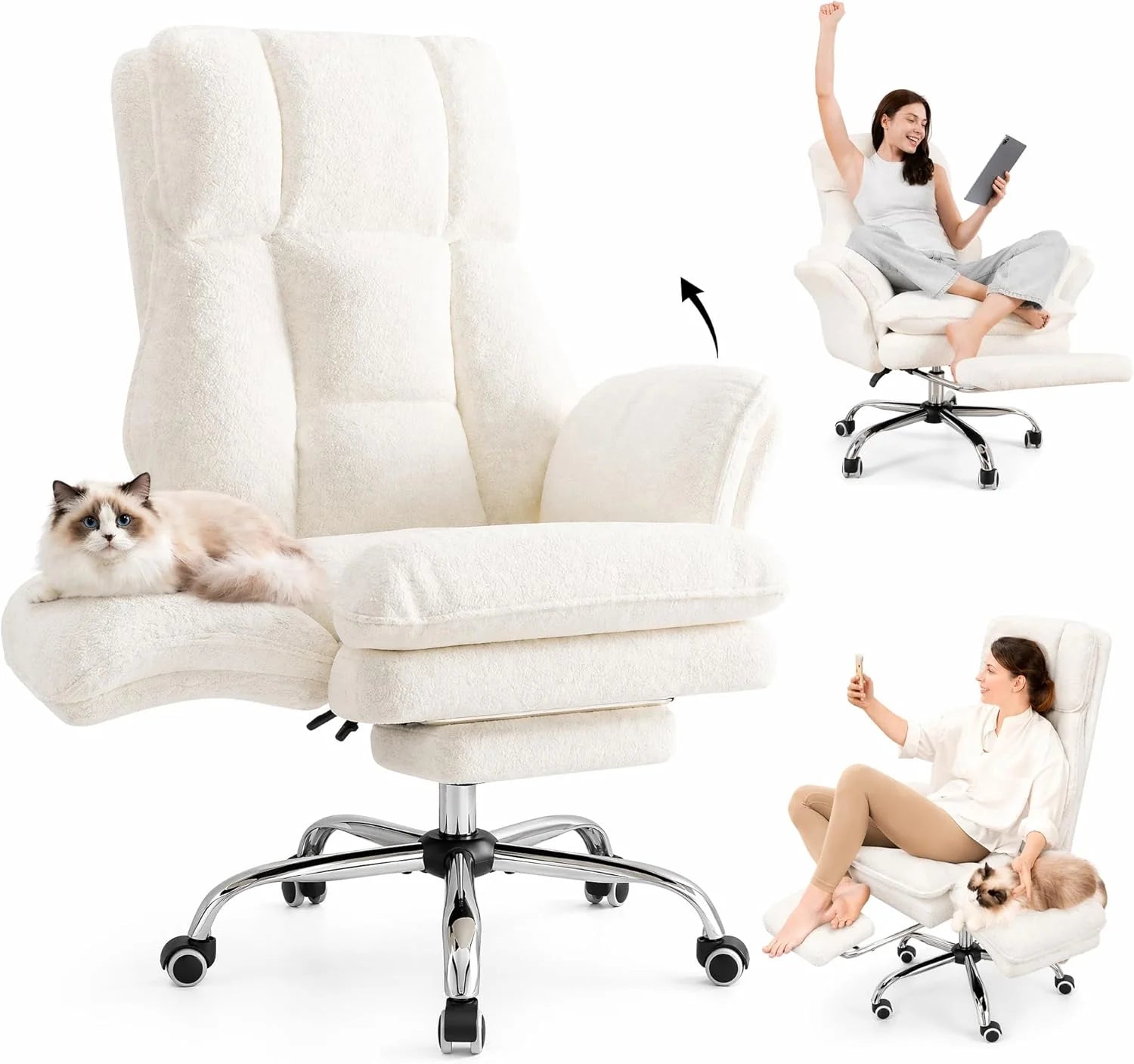 HOMRELEXA Big and Tall Ergonomic Executive Office Chair with Footrest, Flip Up Armrests and High Back, Plush Curly Hair - White