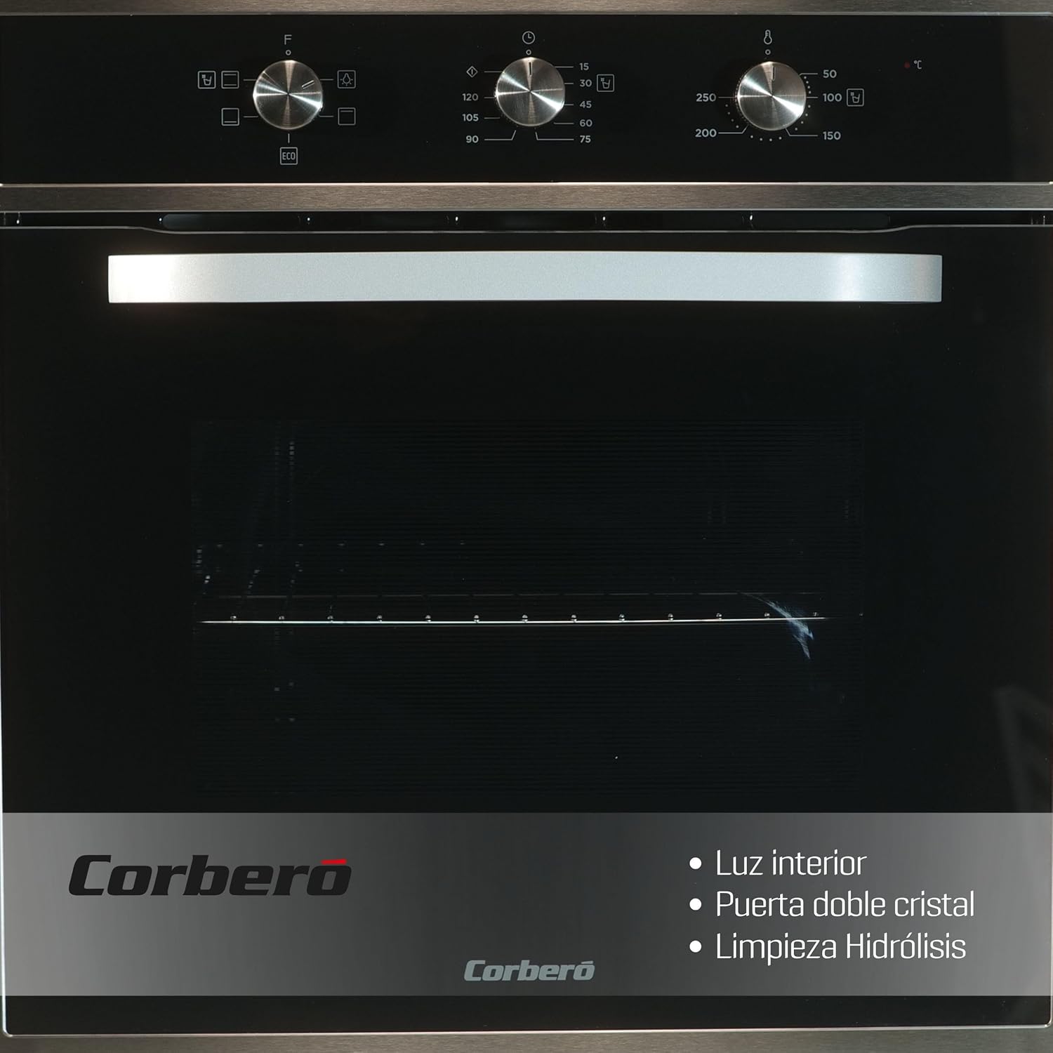 Corberó - Horno convección 70L | CCHM603X | 60x60x58 cm |Convencional con 4 Programas | Luz Interior | Limpieza Hidrólisis | Puerta Doble Cristal | 2100W | Negro perfil Inox
