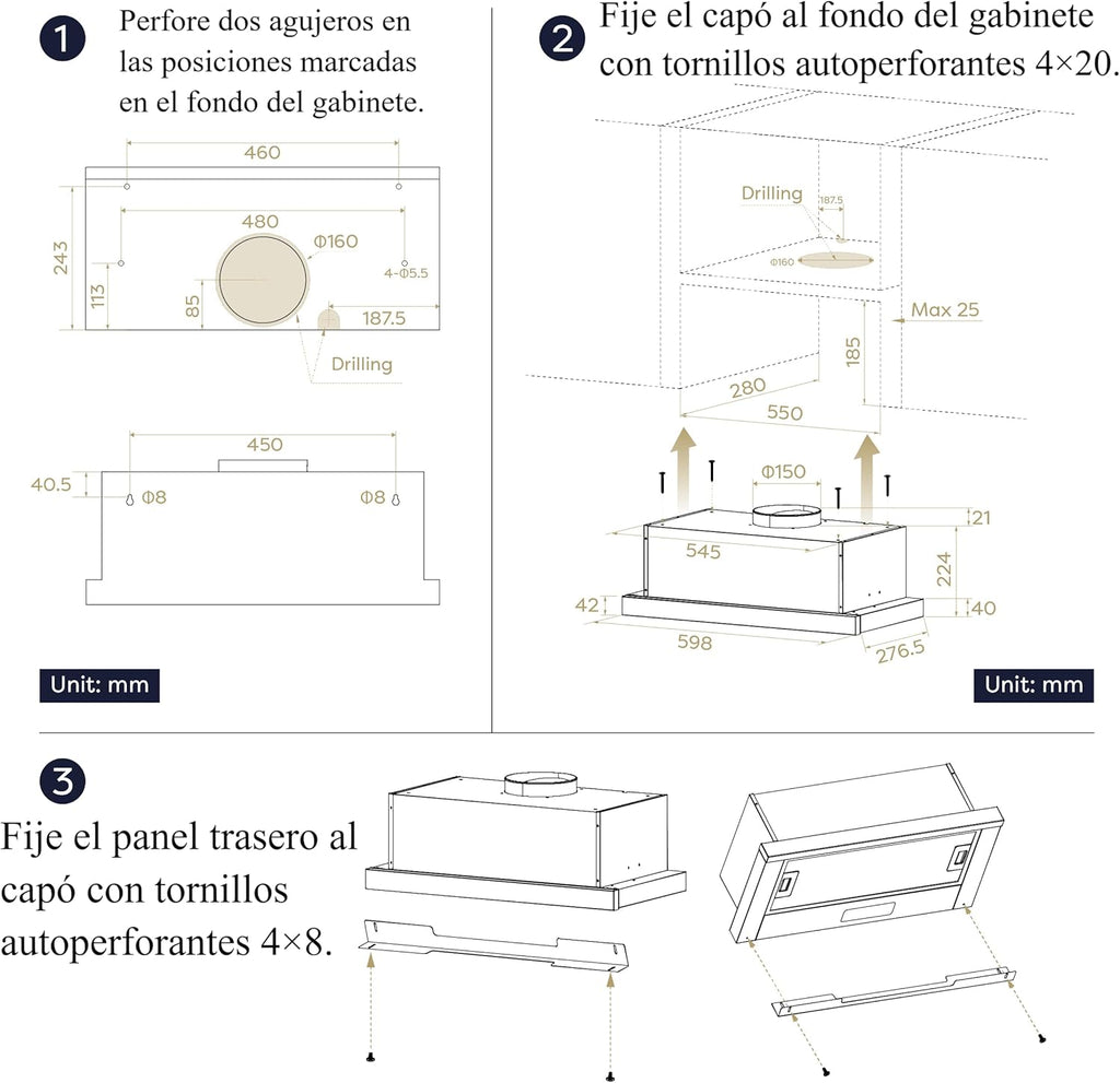 CIARRA CBCB6909A Campana Extractora Telescópica Negra Cocina 60 cm 600 m³ / h Clase A+ 3 Niveles Control Táctil Iluminación LED Filtro de Carbón CBCF055