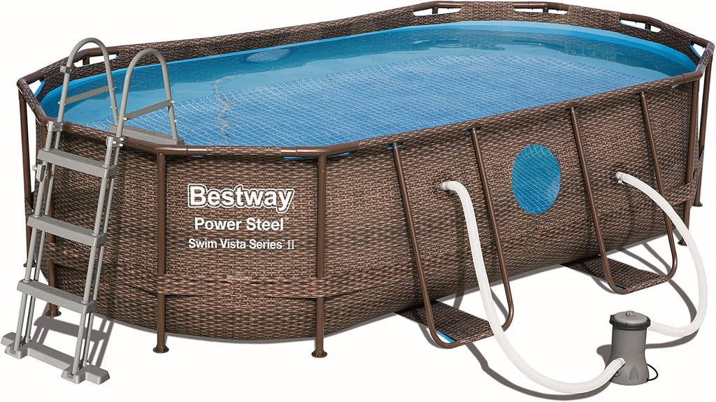 BESTWAY - Piscina Desmontable Tubular Power Steel 427x250x100 cm Depuradora Cartucho 2.006 l/h Escalera y Cobertor Diseño Rattan