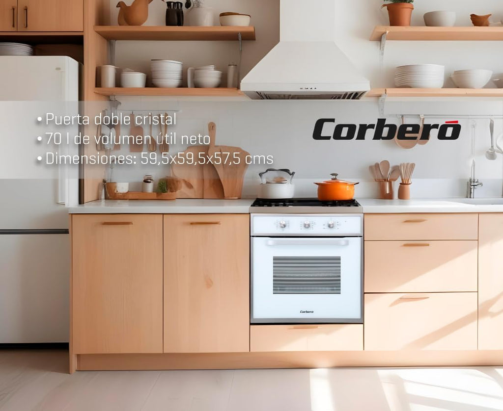 Corberó - Horno convección 70L | CCHM603W | 60x60x58 cm |Convencional con 4 Programas | Luz Interior | Limpieza Hidrólisis | Puerta Doble Cristal | 2100W | Blanco perfil Inox