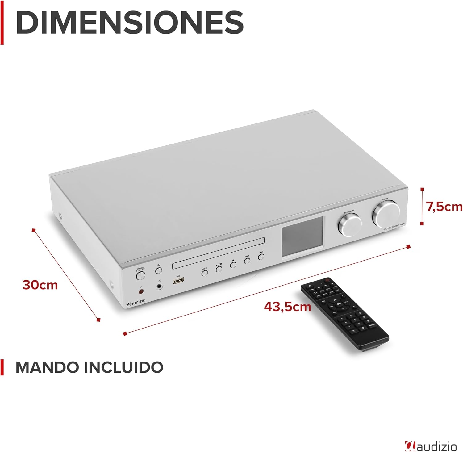 Audizio Bolzano - Radio Internet Dab+ y FM WLAN Bluetooth, Reproductor CD, Spotify Connect, Despertador, 40.000 emisoras, Mando a Distancia y Control por App, conexión Toslink y subwoofer, Plateada