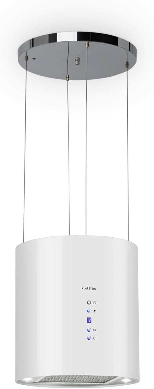 Klarstein Barett - Campana extractora aislada, Ø 35cm, Potencia de 190 W, Ventilación máxima de 590 m³/h, 3 niveles de potencia, CEE B, Iluminación LED, Acero inoxidable cepillado, Blanco
