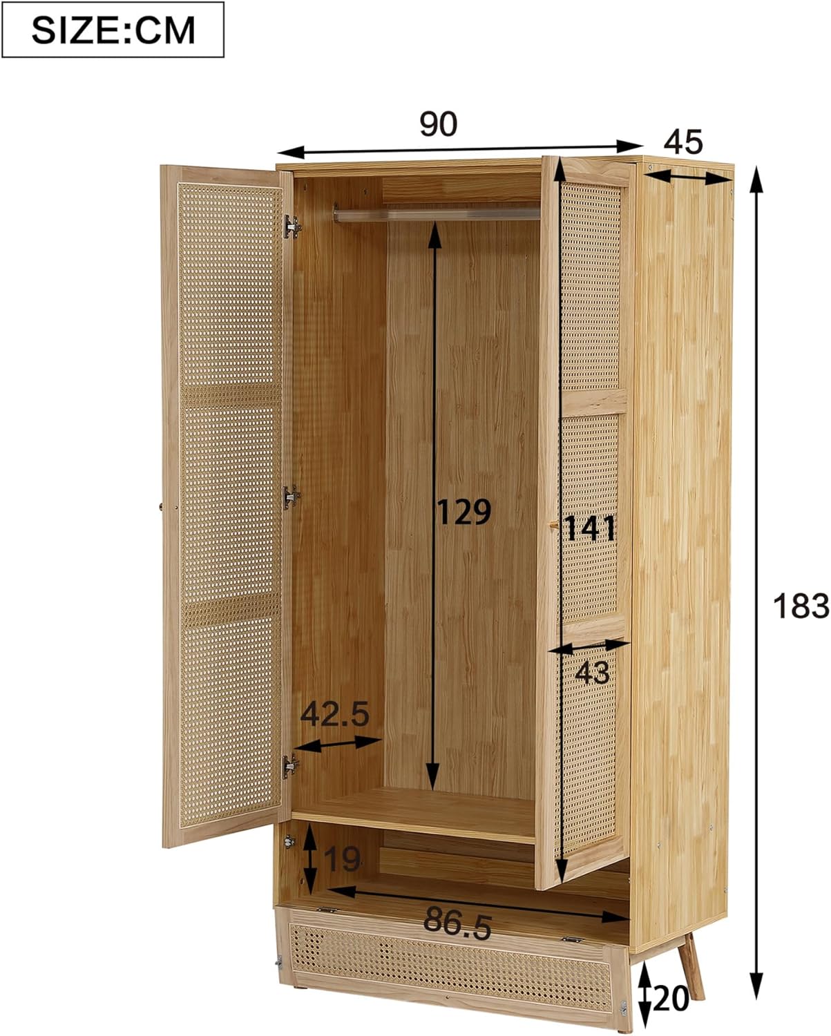 Soweiz Armario con barra, armario de 2 puertas, dormitorio, red de ratán, sala de estar, con tapa inferior abatible, tableros de partículas+ratán de polietileno, natural
