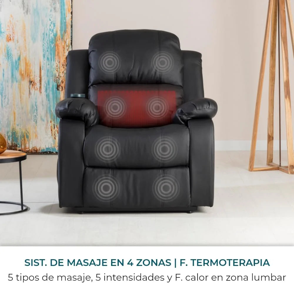 Don Descanso - Sillón Masaje Relax Calor Trevi Negro Reclinable 160º con 8 Motores Silenciosos, Calor Lumbar, Sist. Masaje 4 Zonas y Acabado en PU Anti-Cuarteo [Incluye Mando]. Ideal Gente Mayor