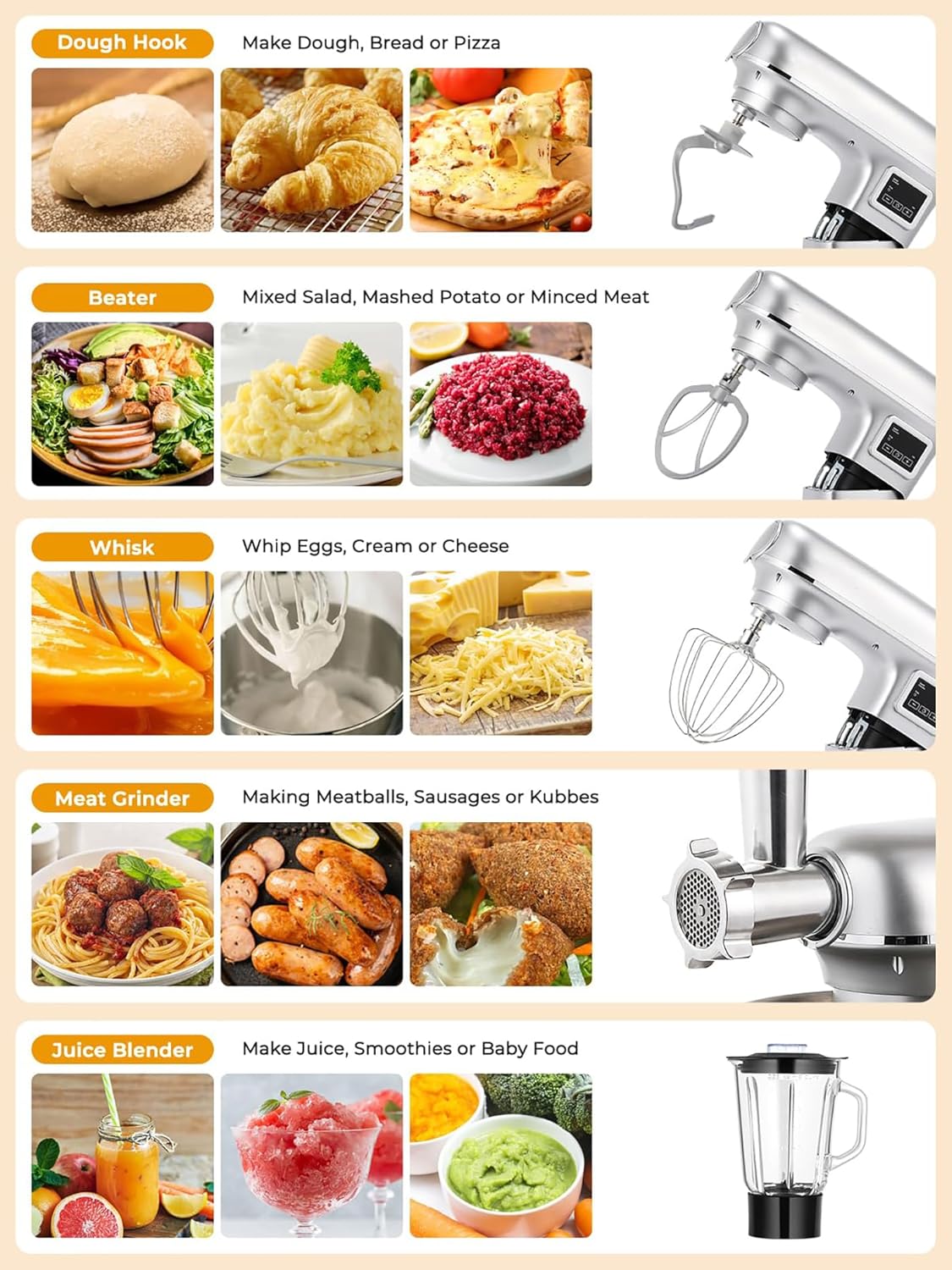 Batidora de pie de 8 l - Batidora eléctrica de cocina con pantalla LED, 6 velocidades, cabezal inclinable, recipiente de acero inoxidable, incluye picadora de carne, gancho para masa, batido