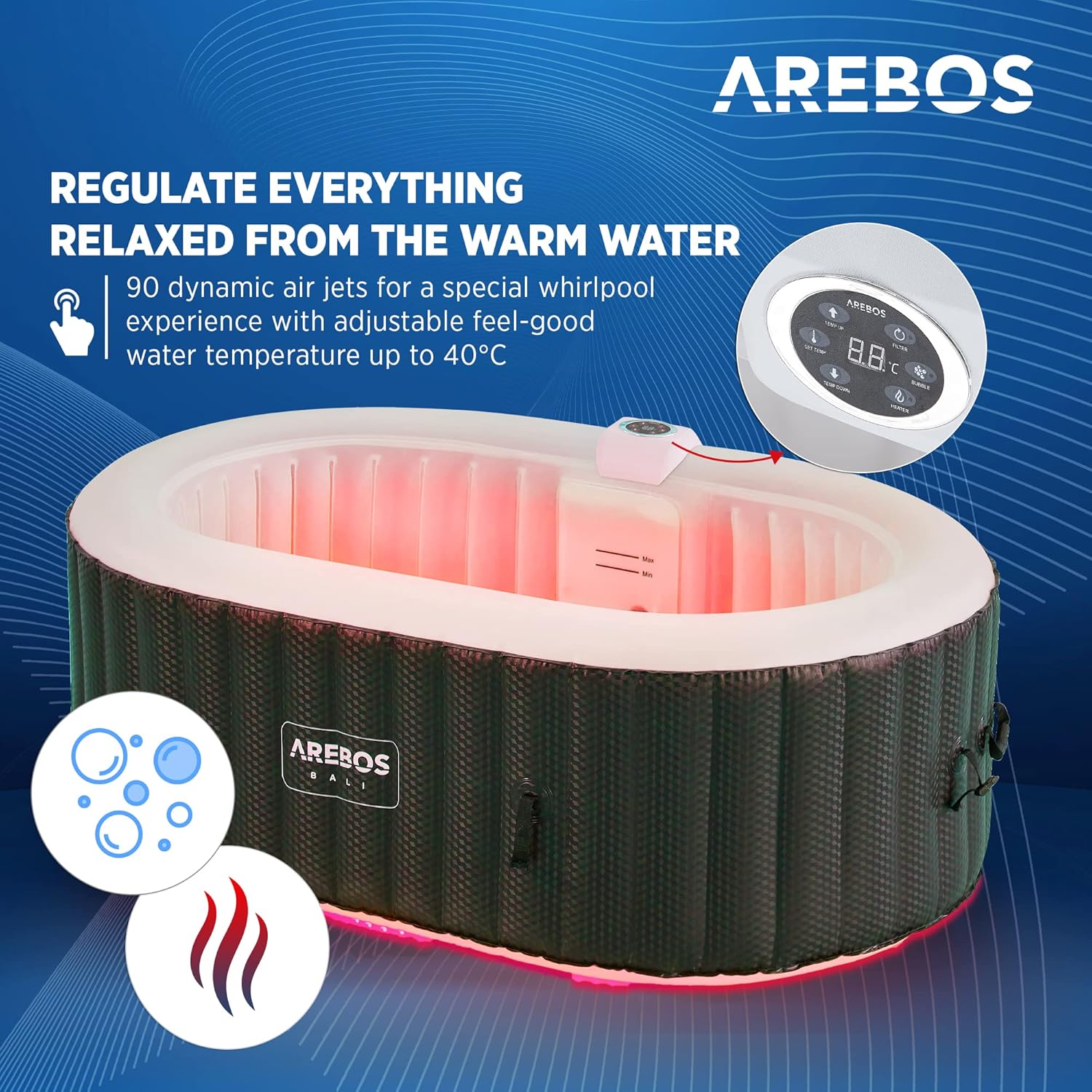 Arebos Bañera de hidromasaje con iluminación LED | SPA Hinchable | Interior y Exterior | 190x120 cm Ovalada | 2 Personas | 90 chorros de Masaje | con calefacción | 550 litros | Incl. Cubierta
