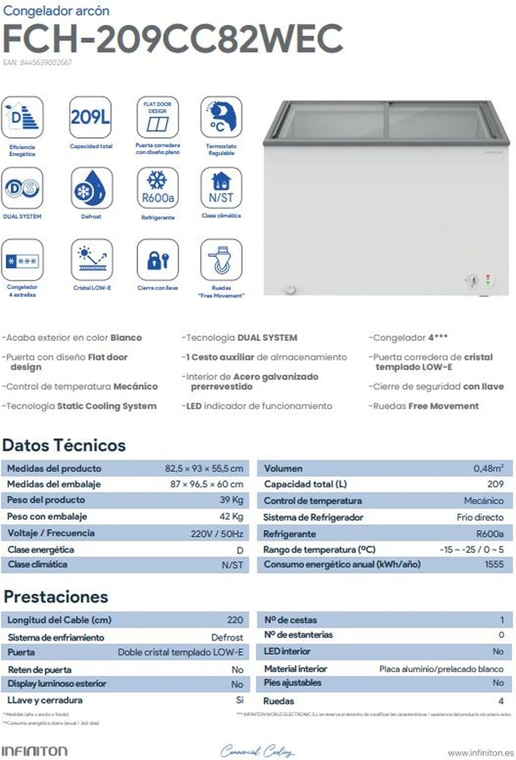 INFINITON Arcon Congelador Industrial FCH-209CC82WEC, 209 Litros, Puerta con diseño Flat door design, Control de temperatura Mecánico, D, Ruedas, Cierre de seguridad con llave