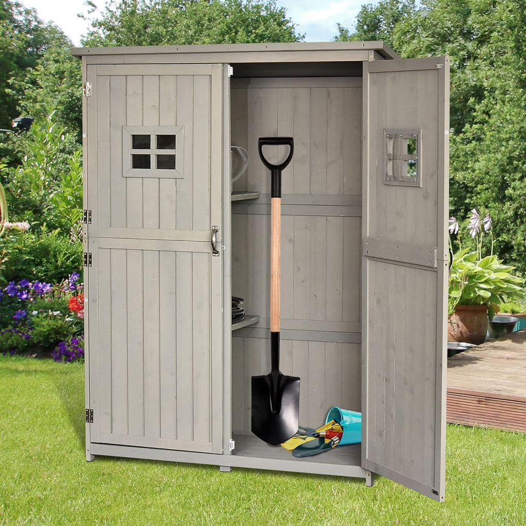 Outsunny Cobertizo de Madera Caseta Exterior Armario Herramientas de Jardinería Doble Puertas Techo Impermeable Compartimientos de Diferentes Tamaños 127.5x50x164cm Madera Maciza