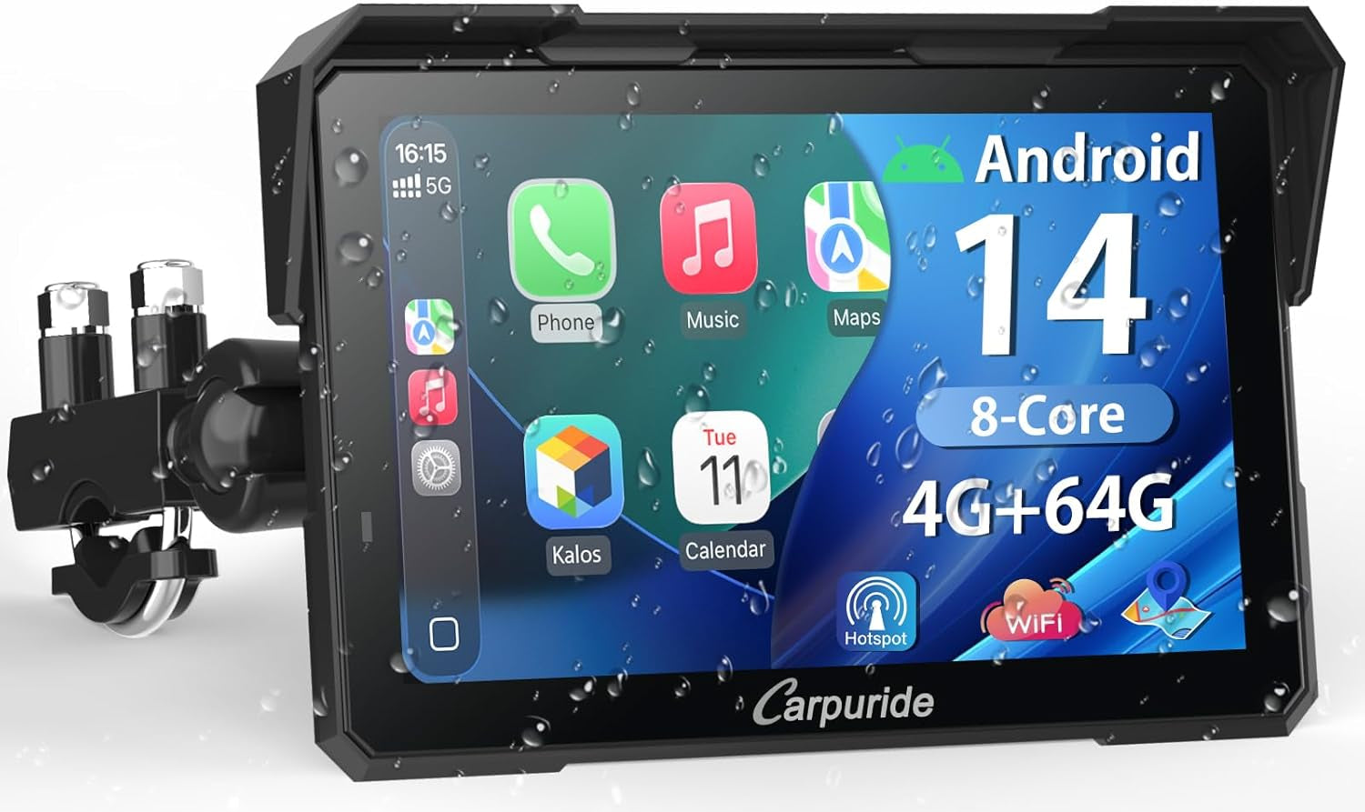 Carpuride W702 Plus Android 14 Motocicleta Carplay Pantalla con Doble Cámara, CarPlay y Android Auto Inalámbricos,7" Pantalla Táctil Impermeable, Audio BT,Grabación Bucle, Navegación Online y Offline.