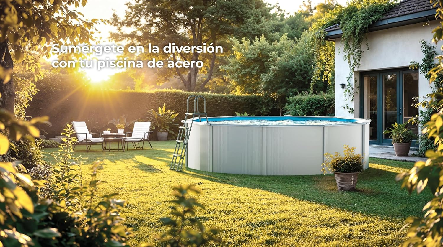 Piscina de Acero Elevada,Redonda con Aspecto Acero Blanco. Piscinas Desmontables para Jardín 550 x 132 cm - Piscina Gre KITPROV508 Atlantis.