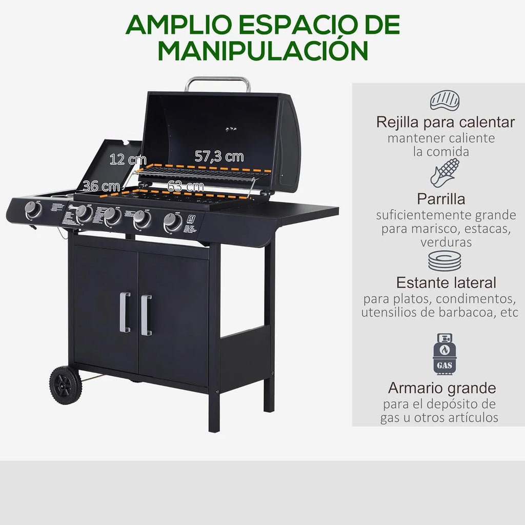 Outsunny Gas Barbecue with 4+1 Burners 14.4 KW Side Tables Storage Cabinet Thermometer and 2 Wheels Stainless Steel BBQ 125 x 51 x 100 cm Black