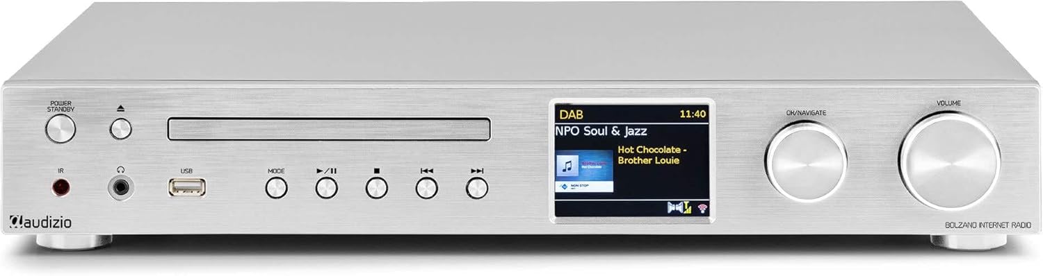 Audizio Bolzano - Radio Internet Dab+ y FM WLAN Bluetooth, Reproductor CD, Spotify Connect, Despertador, 40.000 emisoras, Mando a Distancia y Control por App, conexión Toslink y subwoofer, Plateada