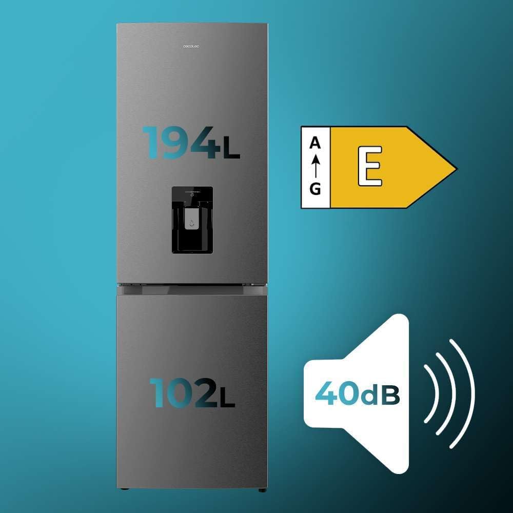 Cecotec Frigorífico Combi 2 Puertas con dispensador de agua Bolero CoolMarket Combi 296 DF WD Dark E. 296L, 60cm de ancho, Funciones FastCooling, FastFreezing y DeFrost, LED interior, Dark Inox
