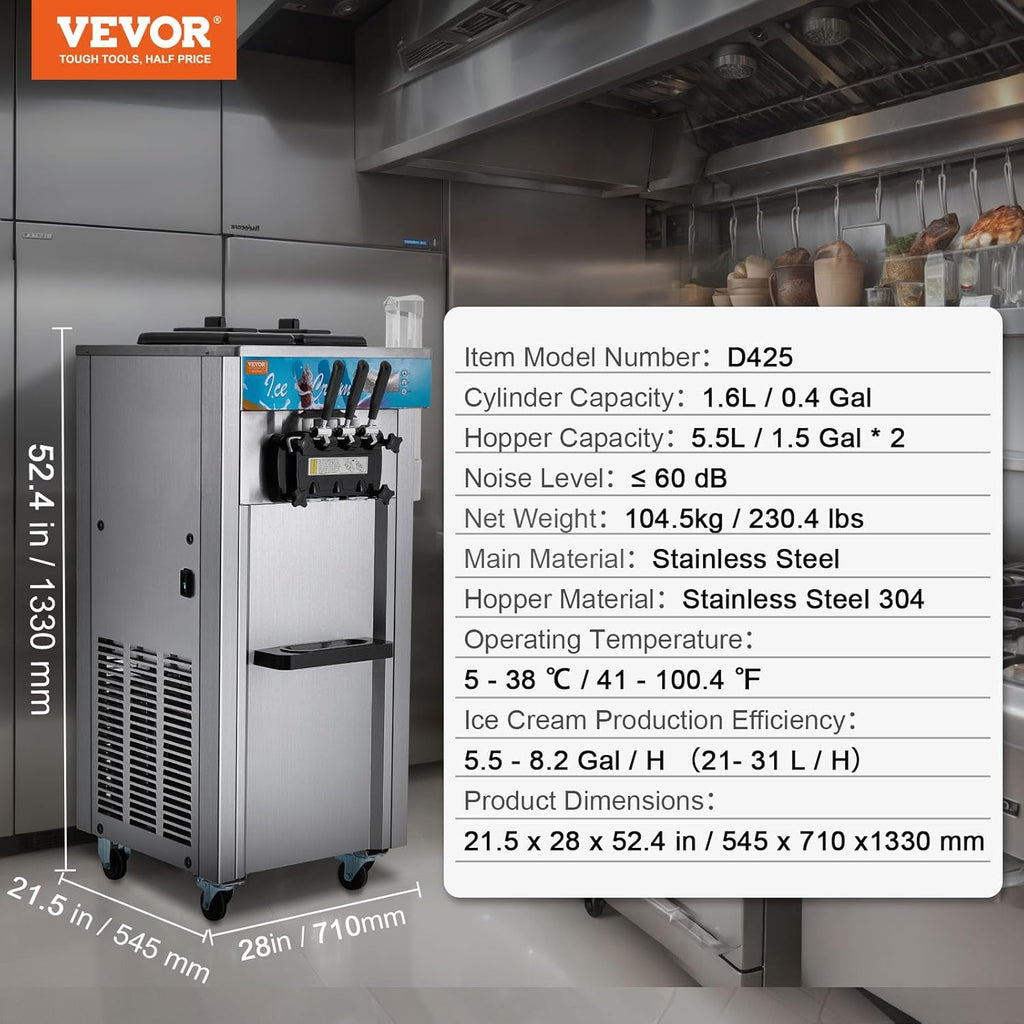 VEVOR Máquina de Helados Comercial 21-31 L/h 1500 W 3 Sabores Máquina para Hacer Helados 2 Tolvas de 5,5 L Independiente Pre-Refrigeración Limpieza Automática para Restaurante Bar Mercado Tienda