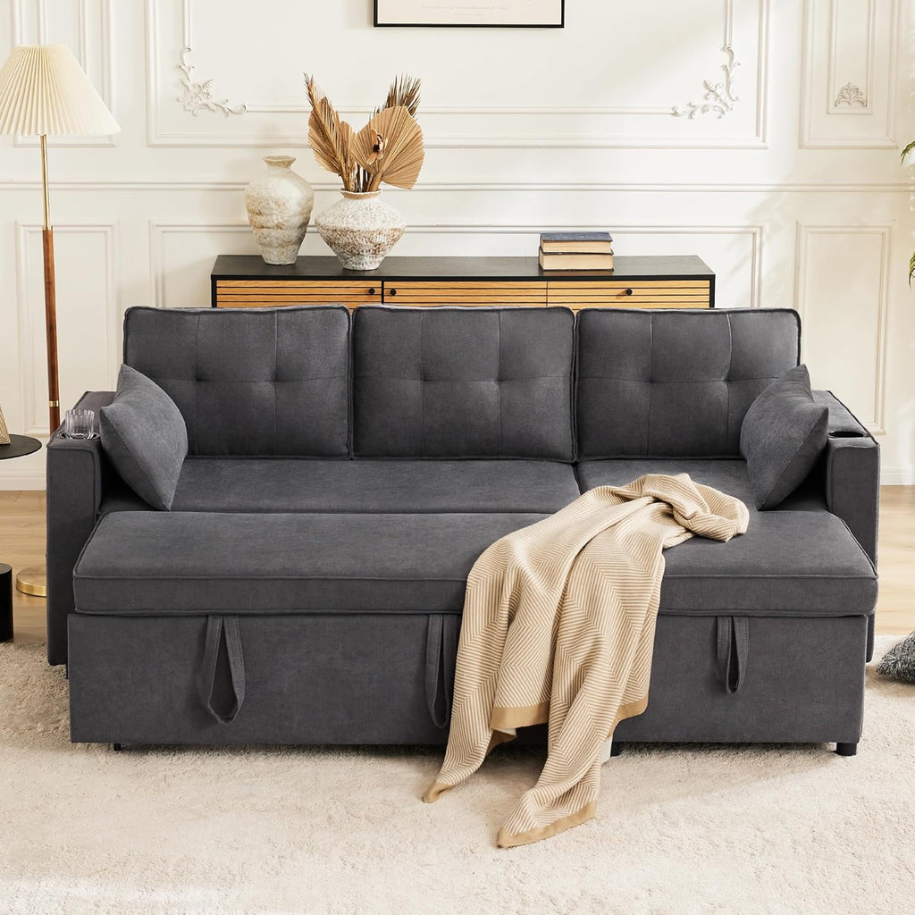 Sofá Cama 3 plazas con Portavasos y Bolsa Pasamanos Lateral, Sofá en Forma de L, Intercambiable a la Derecha y a la Izquierda, Gris