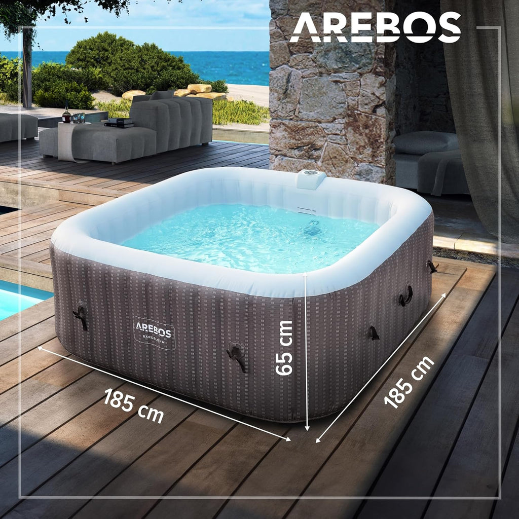 Arebos Spa whirlpool 2400W | Outdoor swimming pool | for 6 people 185 x 185 cm | 130 massage jets | 910 L with heating | Push button inflation function | Incl. cover | Bubble Spa & Welln