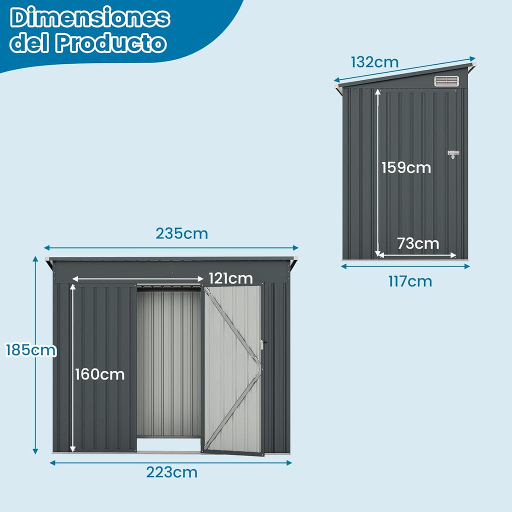 COSTWAY Caseta Jardin Exterior, 235 x 117 x 185 cm, obertizo Jardin Exterior con 2 Puertas, Techo Inclinado, Casita Organizador de Metal Galvanizado, Organizador de Herramientas para Jardín Patio