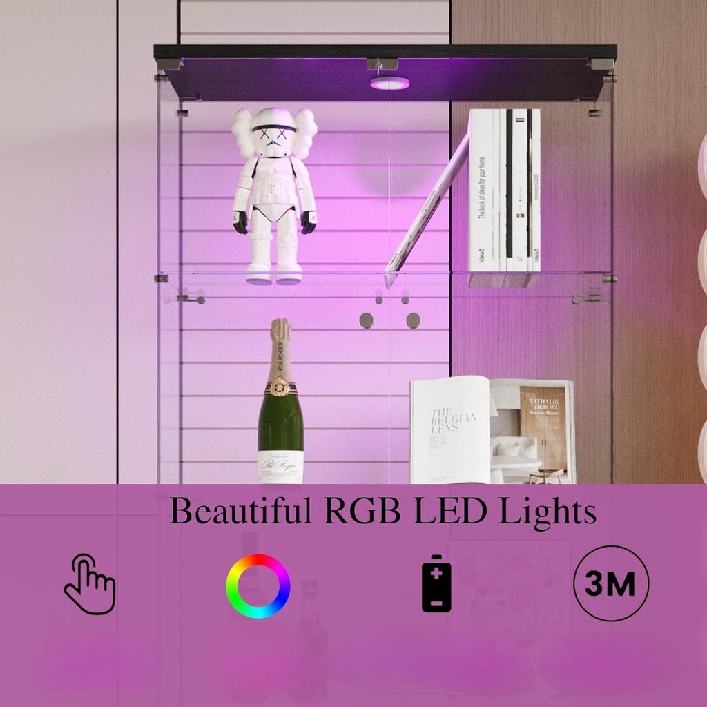 Vitrina Cristal Expositora con Luz, Puerta Cerradura, 4 estantes - Grande Vitrina de Colecciones,Vitrina de pie para Sala Oficina(Espalda Espejo)