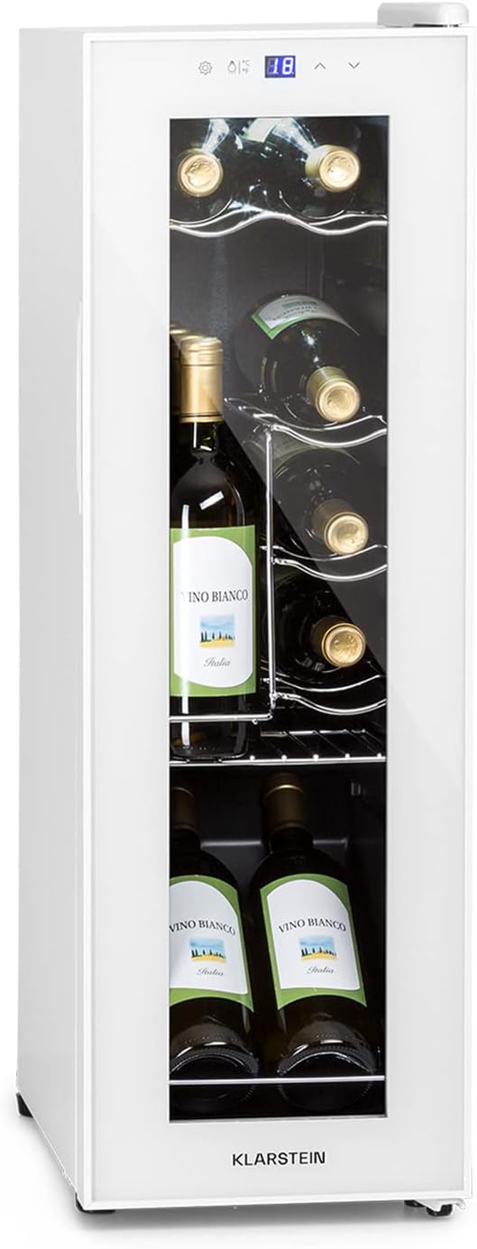 KLARSTEIN Vinoteca para Vinos de 32L Nevera Vino Una Zona, Botellas Vino, Proseco y Cervezas, Vinoteca Pequeña Puerta Cristal para Interior y Exterior, Nevera para Vinos Capacidad 12 Botellas