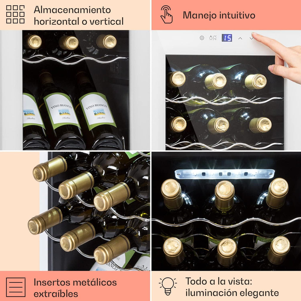 KLARSTEIN Vinoteca para Vinos de 44L Nevera Vino Una Zona, Botellas Vino, Proseco y Cervezas, Vinoteca Pequeña Puerta Cristal para Interior y Exterior, Nevera para Vinos Capacidad 15 Botellas