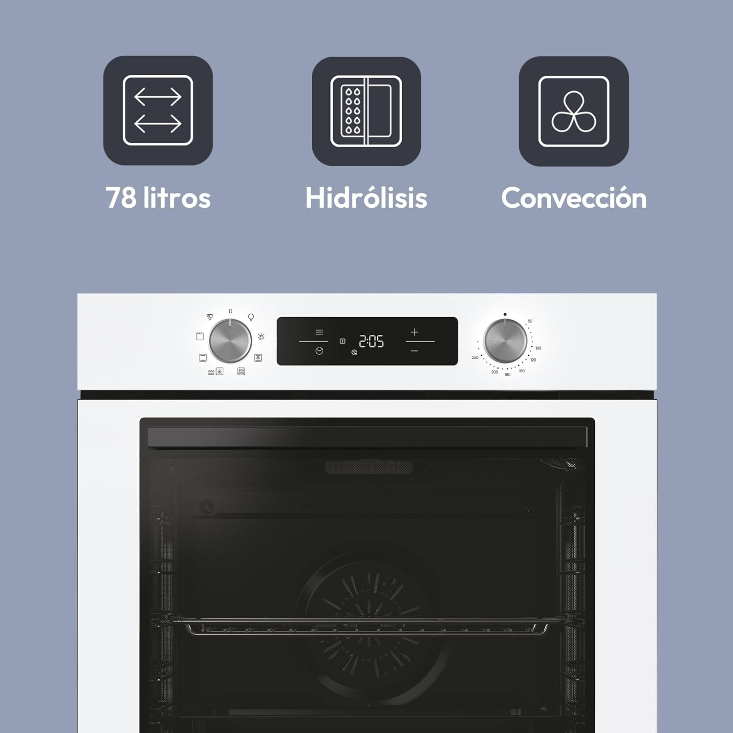 Candy Bake 600 CA6 N3T1HTW Horno Multifunción, 78L, Recetas a través de app hOn, 1 Bandeja y 1 Rejilla, Limpieza Hidrolítica, Convección + Ventilador, 9 Funciones, Ready UX, Blanco