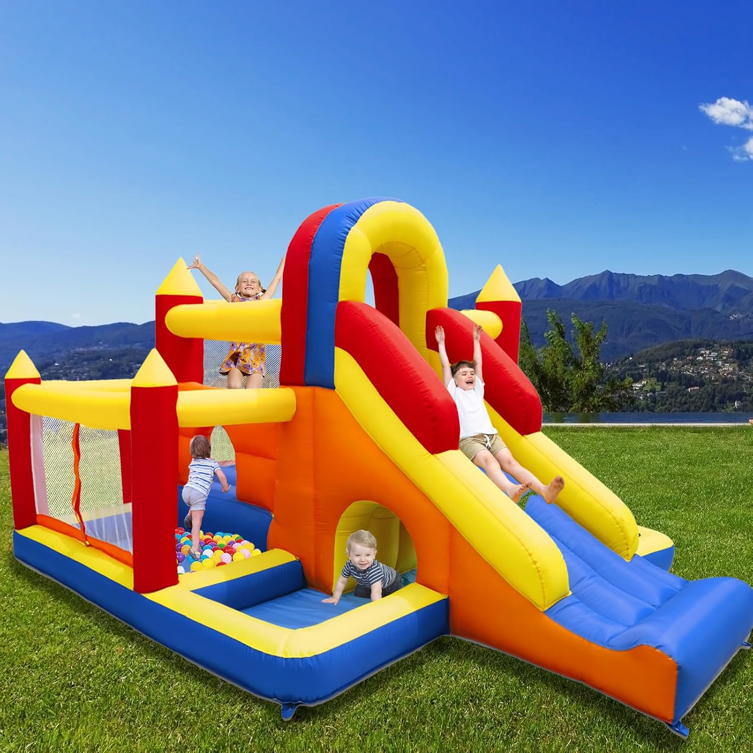 Castillo hinchable con soplador, paraíso Infantil con tobogán, para interiores, tamaño XXL, red de seguridad, certificado EN71, apto para 3-8 años