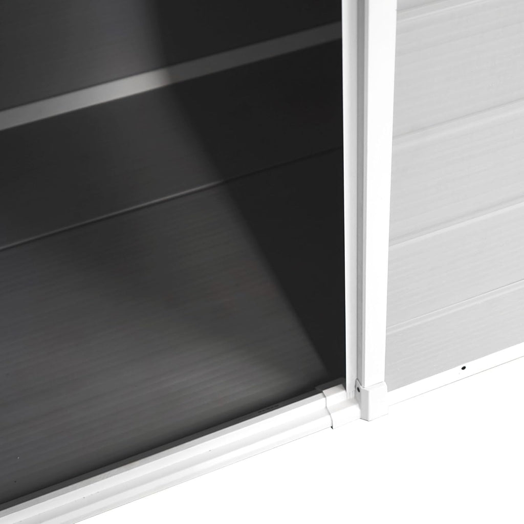 Wasabi - Caseta de Resina Jardín Unit 1.4 – Ventana Luz Natural - Suelo Incluido - Paneles 12mm de Espesor - Gris Blanco - Cobertizo PVC Almacenaje Exterior - 1,37m2 - Techo Plano