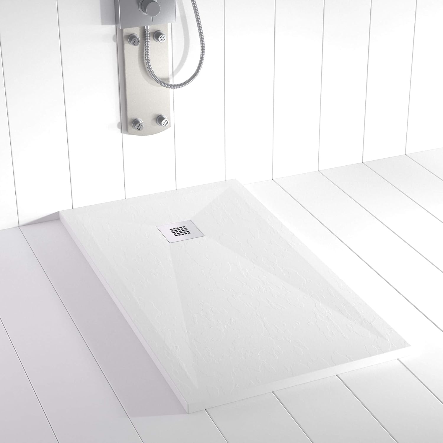 Plato de ducha Resina PLES Blanco 150x80 – Textura Pizarra – Antideslizante – Incluye rejilla y sifón