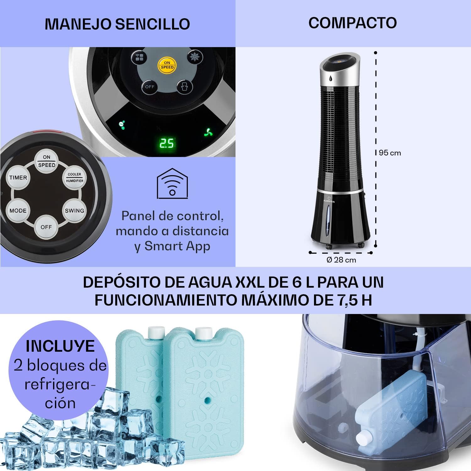 Klarstein Skyscraper Ice Smart Climatizador Evaporativo – 4 en 1: Ventilador, Enfriador, Purificador & Humidificador, 210 m³/h, Control App & Alexa, Depósito 6L, Oscilación, Ionizador, Negro