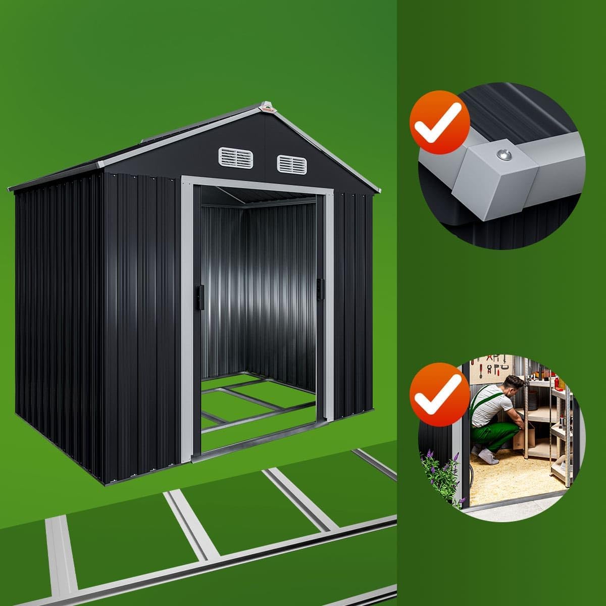 GARDEBRUK® Cobertizo de Jardín 2 m² 196x132x188cm Caseta Metálica Exterior 4m³ con Base Puerta Corrediza Antracita