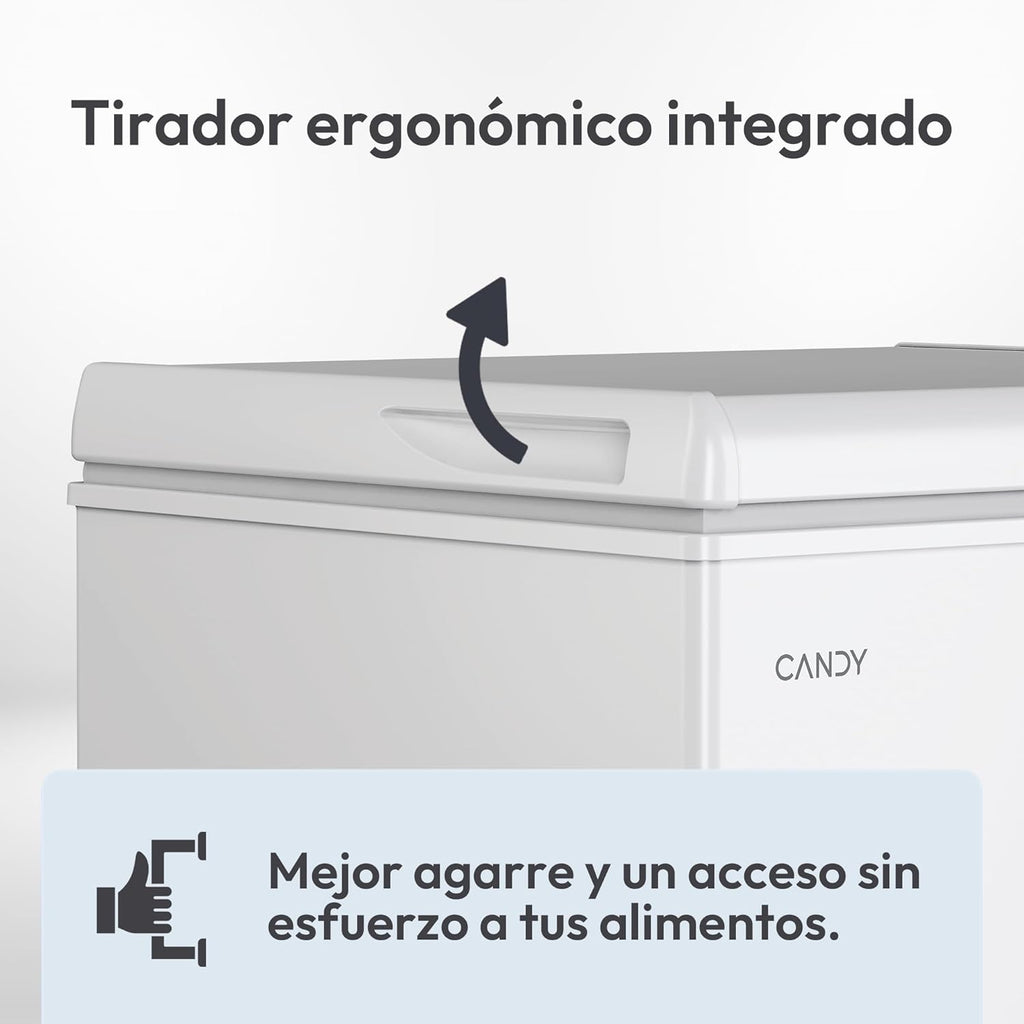 Candy CCHH 100E, Congelador Arcón Horizontal, Ancho 55CM, 97L, Tecnología Estática, 1 Cesto, Control Electrónico Externo, Indicador de Temperatura, Alarma Aumento de Temperatura, 39DB, Blanco