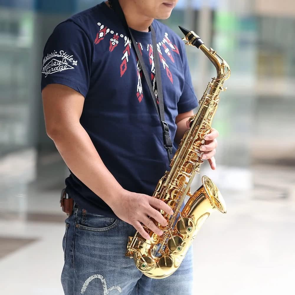 802 Tipo de Llave Eb Alto Saxofón, Saxo de Cuerpo Lacado con Oro con Cepillo de Limpieza, Tela, Correa, Estuche Acolchado para Jugador