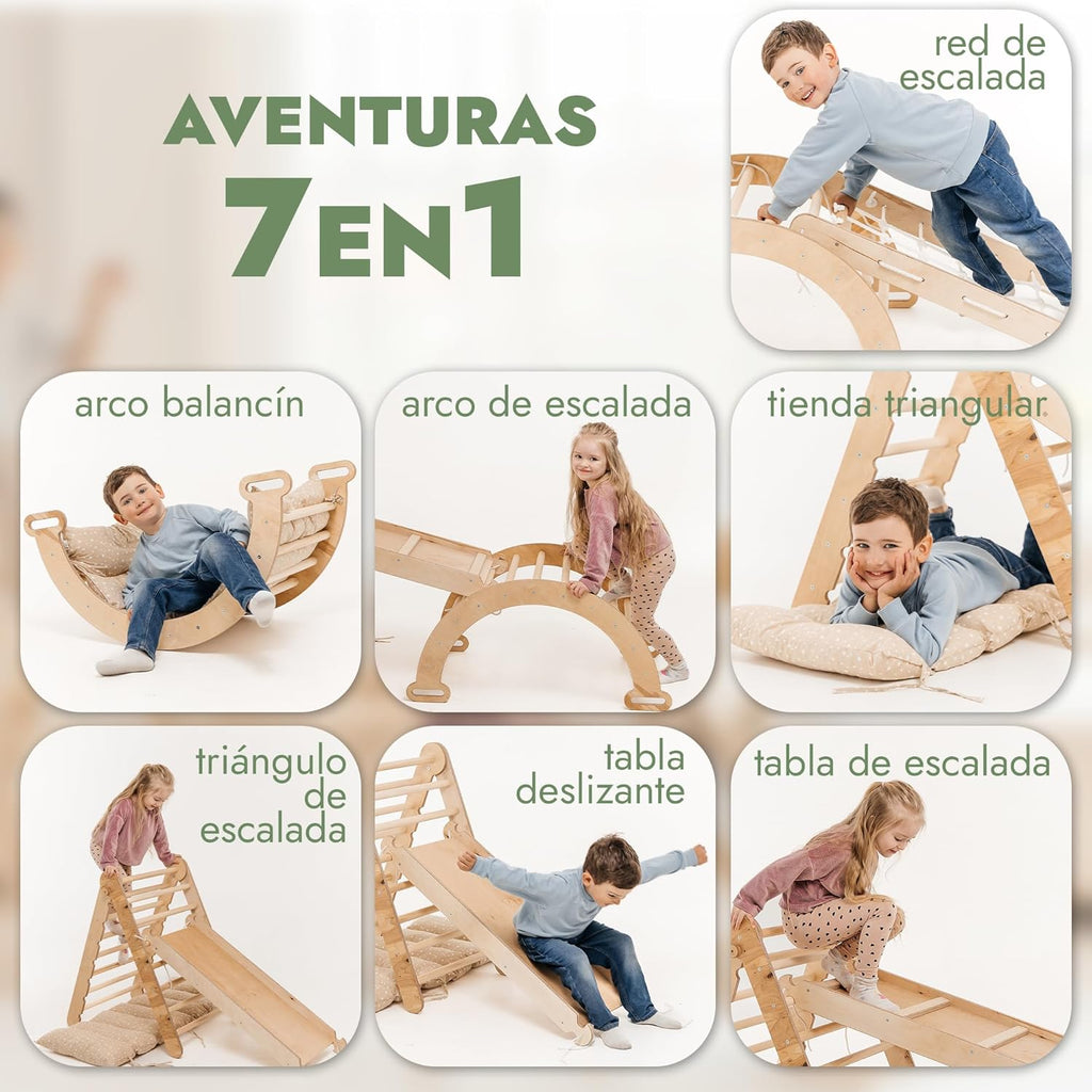 5 en 1 Montessori Juego de Escalada Interior para Niños Pequeños - Gimnasio de Madera para Niños Escalera Triangular & Arco & Rampa de Escalada & Red & Cojín - Gimnasio de Madera para niños pequeños