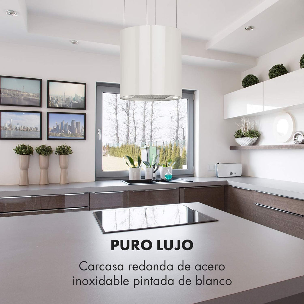 Klarstein Barett - Campana extractora aislada, Ø 35cm, Potencia de 190 W, Ventilación máxima de 590 m³/h, 3 niveles de potencia, CEE B, Iluminación LED, Acero inoxidable cepillado, Blanco
