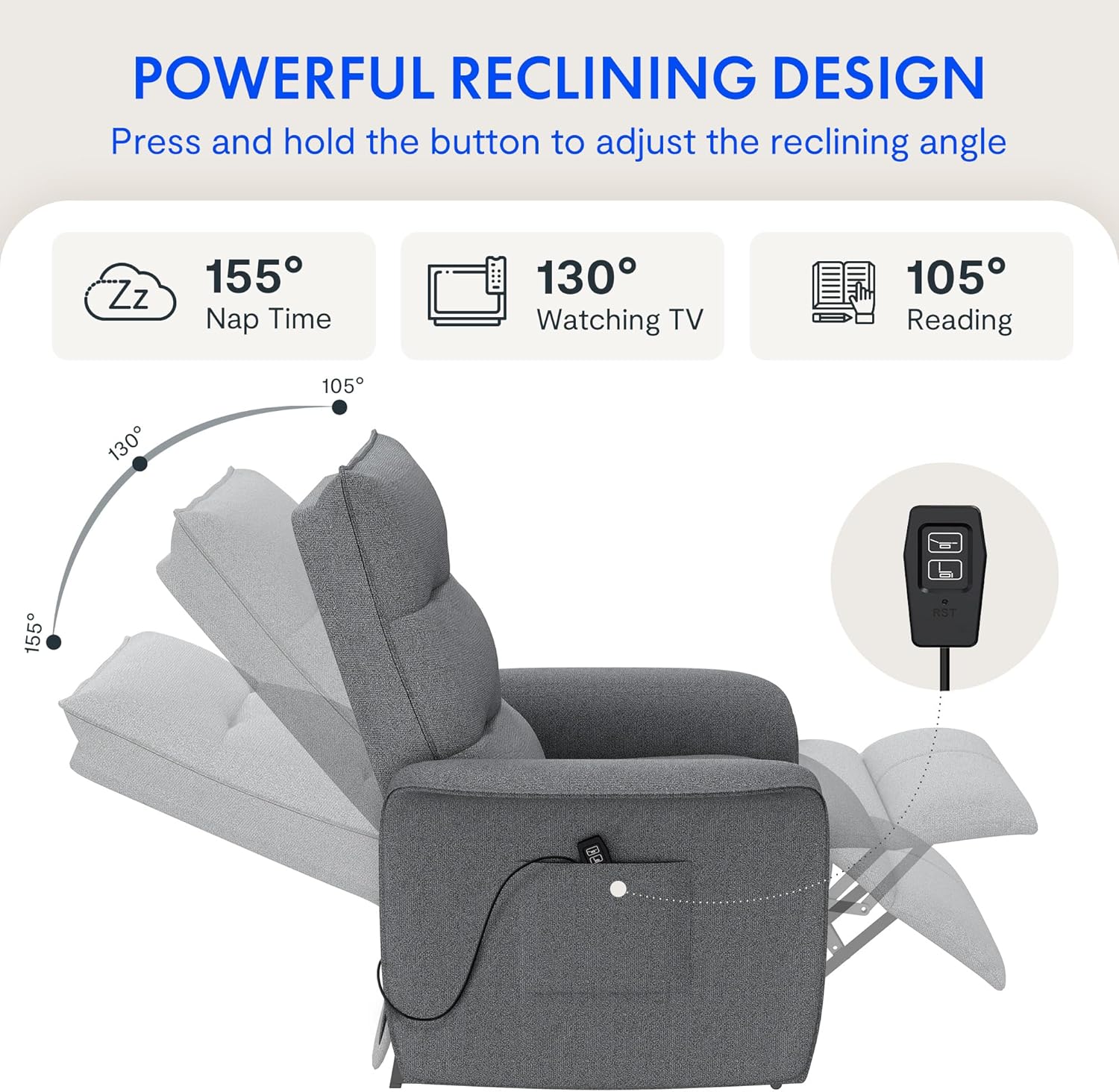 FLEXISPOT Sillón de Relax Eléctrico con Respaldo Ajustable, Reclinable de 105° a 155°, Sillon Reclinable, Sofá Relax Ergonómico Sillón para Dormitorio, Salón y Cine en casa (Gris Oscuro)
