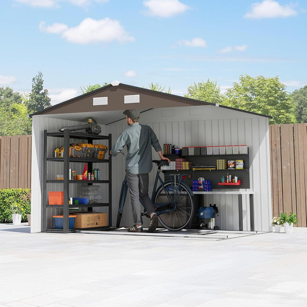 Outsunny Caseta de Jardín Exterior, 5 m² 277x195x192 cm, Cobertizo de Jardín Exterior Metálico con 2 Puertas Correderas, Base Refuerzo (Suelo NO Incluido) y 4 Ventanas, Marrón