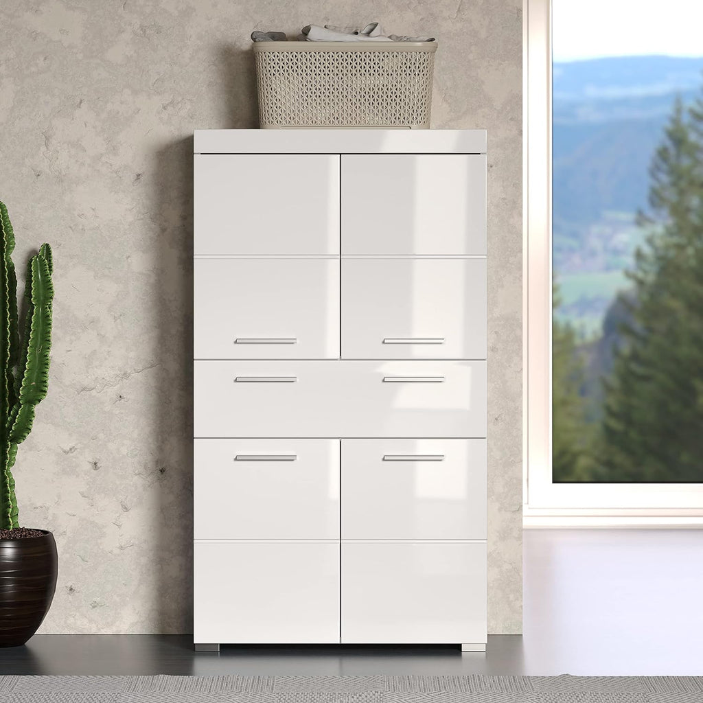 trendteam smart living Armario Alto para baño Amanda, 73 x 132 x 31 cm, en Blanco y Blanco de Brillo Intenso con cajón y abundante Espacio de Almacenamiento