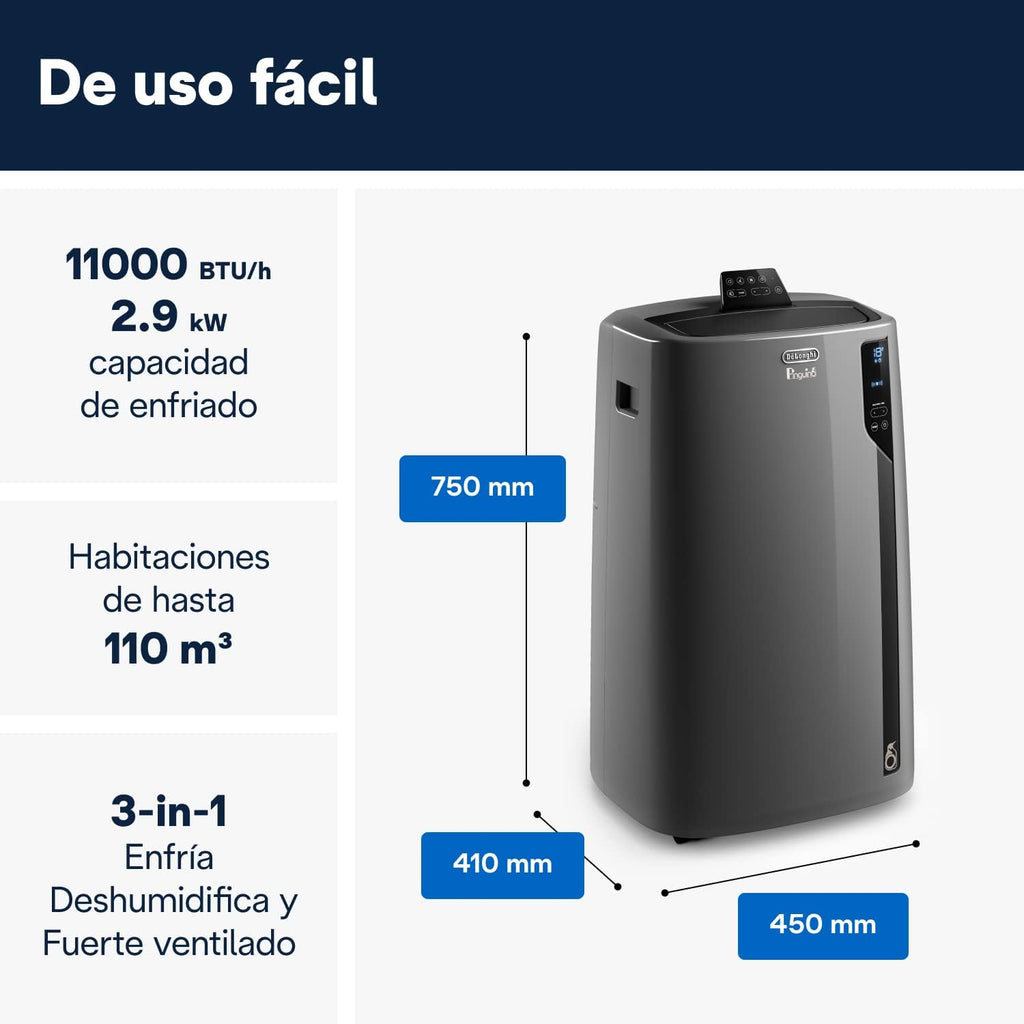 Pingüino PACEL112 Silent Aire Acondicionado Portátil Silencioso con Tecnología Eco Real Feel y Cool Surround, Función Deshumidificadora, 2.9 kW, 63 dB, Plástico, Negro, Clasa A, hasta 110m3