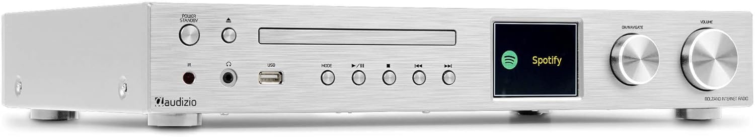 Audizio Bolzano - Radio Internet Dab+ y FM WLAN Bluetooth, Reproductor CD, Spotify Connect, Despertador, 40.000 emisoras, Mando a Distancia y Control por App, conexión Toslink y subwoofer, Plateada