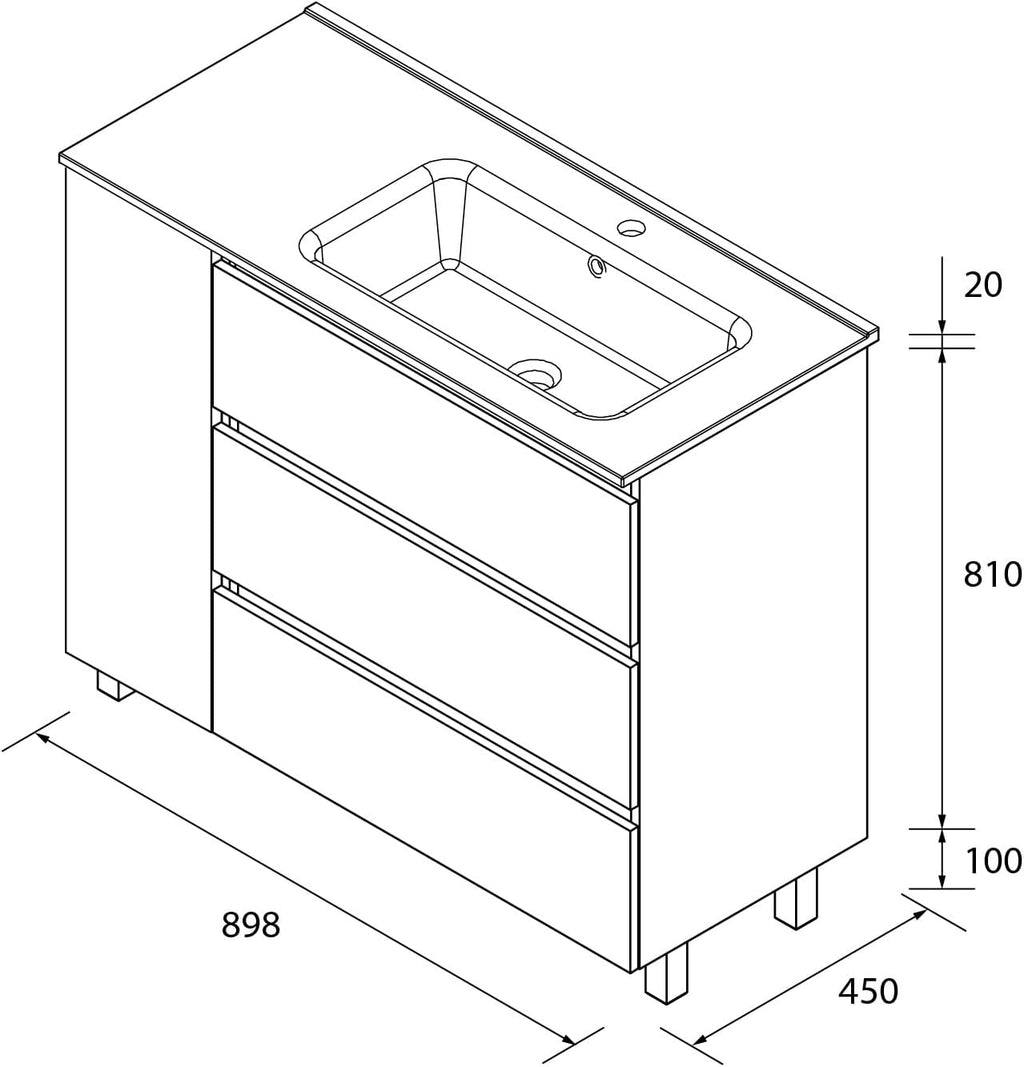 Mueble de Baño BEQUIA Plus Metal 3C 90cm Roble | Lavabo Porcelana Grifo Derecha