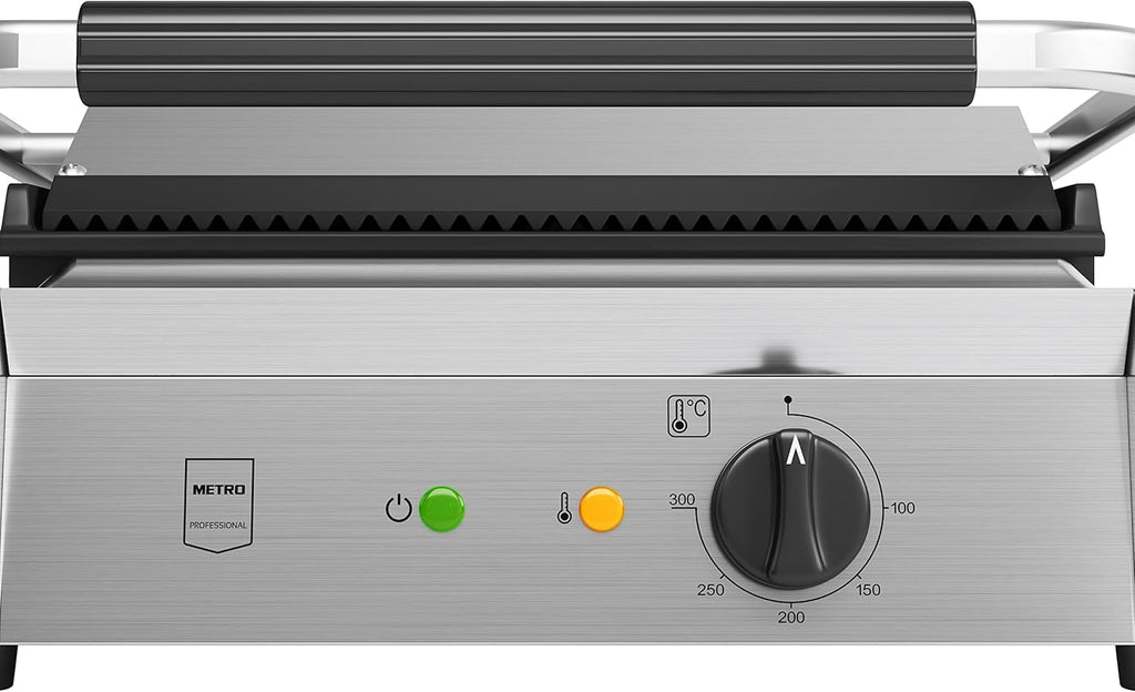 METRO Professional Plancha con Panini grill GPG1202, acero inoxidable, 43 x 36 x 20 cm, temperatura hasta 300°C, 45 paninis cada 60 minutos, plata