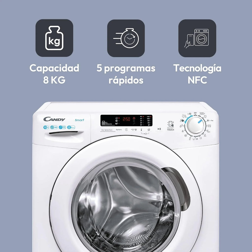 Candy Smart CS 14102DE/1-S, Washing Machine 10 kg, 1400 RPM, Digital Display and Control, NFC Technology, Voice Assistant, 15 Cycles, 5 Fast, Easy Ironing, Delay Start 24H, KG Detector, 81 DB, White