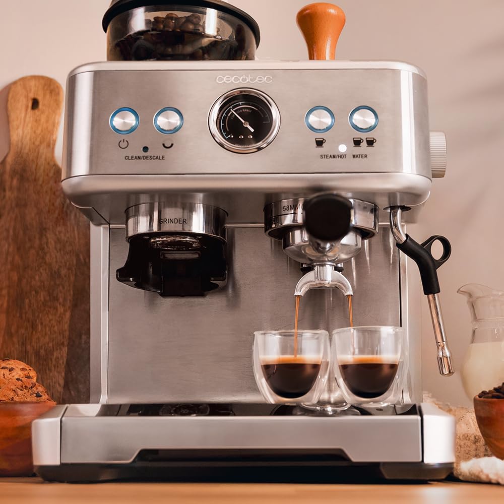Cecotec Cafetera Express Barista Power Espresso 20 Barista. 2250W, 20 Bares, Manometro y 2 Thermoblocks, Depósito de Café en Grano, Molinillo con 20 Niveles, Vaporizador