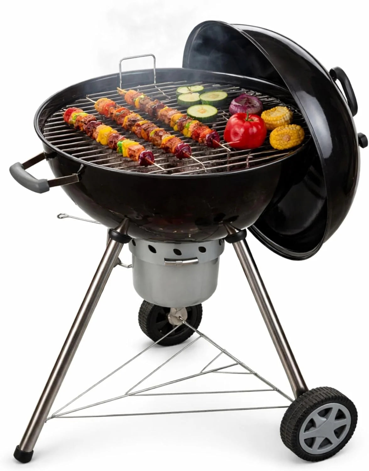 Amig - Fireplus Charcoal BBQ XXL - Steel Grill 57x42cm - With Wheels and Side Trays - Large Transportable Rotisserie - Ash Tank - 131x116.5x56cm