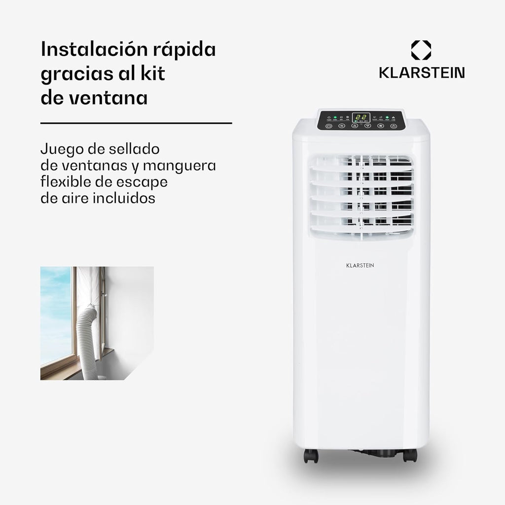 Klarstein Aire Acondicionado Portatil y Silencioso, 4 en 1 Enfriador de Aire para Casas y Oficinas con Modo Noche, Con Mando y Deshumidificador, Aires Acondicionados Bajo Consumo 7,000 BTU Blanco