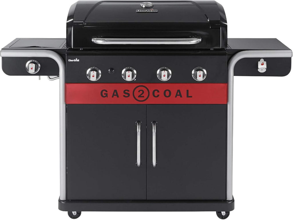 Char-Broil Barbacoa de Gas Gas2Coal 2.0 440 - Barbacoa híbrida de 4 quemadores con 2 bandejas para carbón patentadas, 2 grandes puertas - Ideal para cocinar al aire libre, jardín y patio