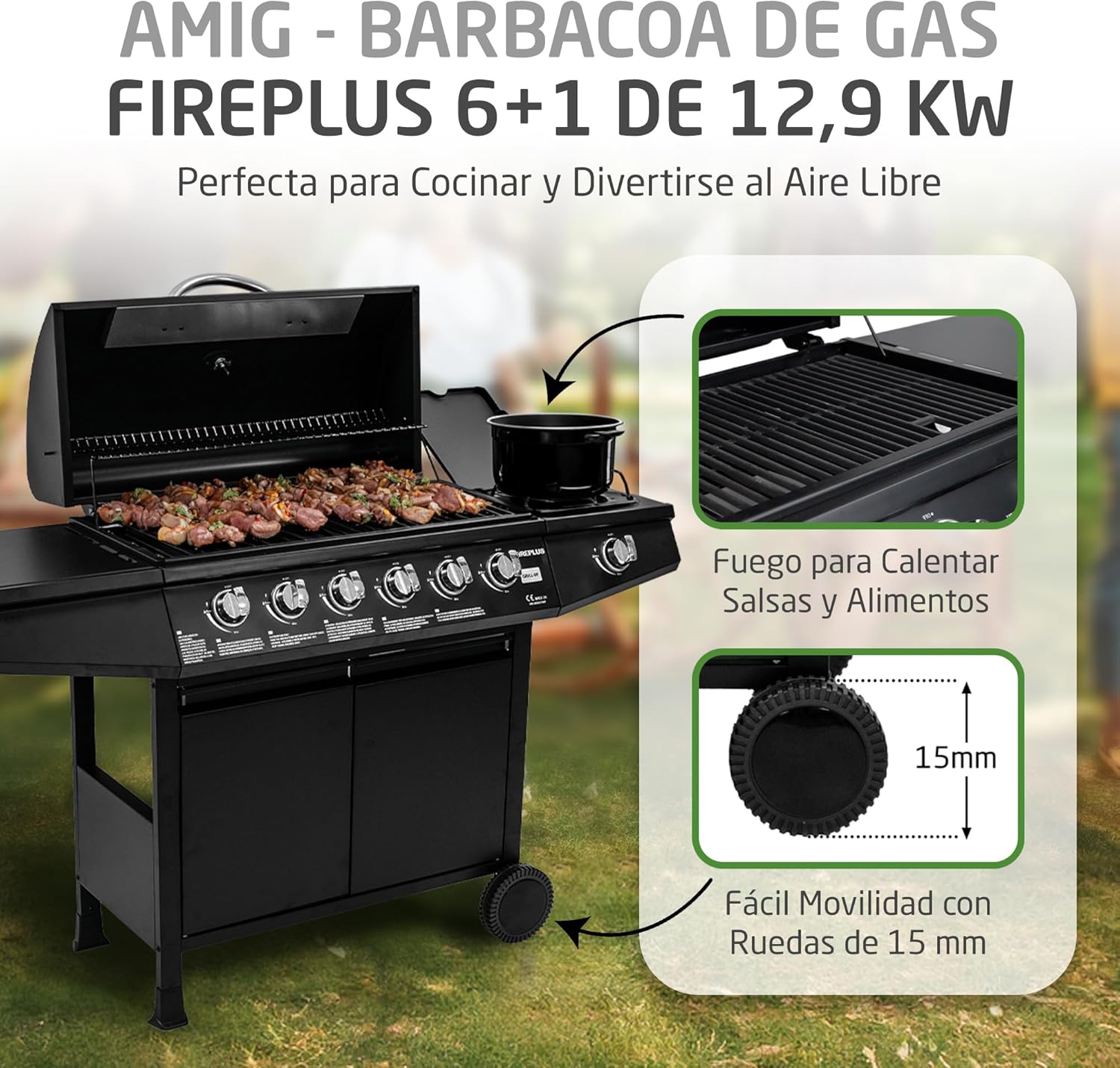 Amig - Barbacoa de gas Fireplus 6+1 de 12,9 kW - Acero inoxidable Negro - Parrilla con ruedas Modelo GRILL-6F - Barbacoa XXL con carro y termómetro - 138x52x103 cm - 7 quemadores y Bandeja lateral